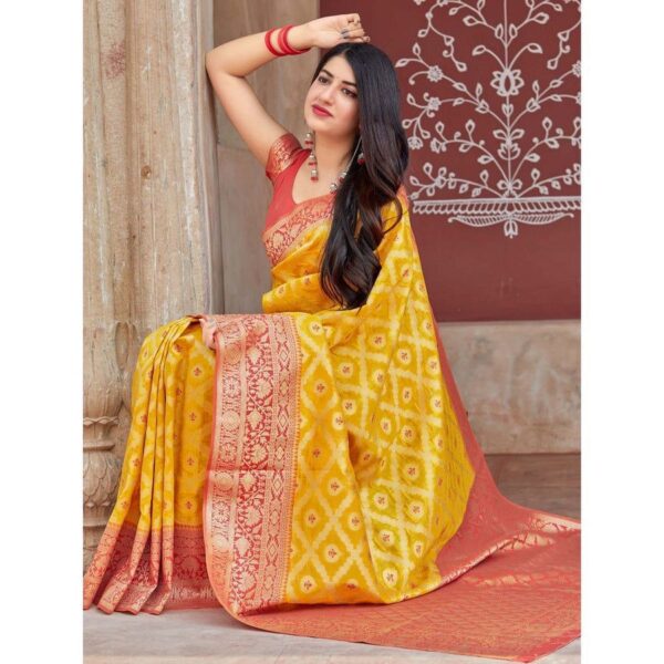 Radiant Yellow Banarasi Silk Saree with Red Zari Border – A Classic Blend of Tradition and Vibrance - Image 5