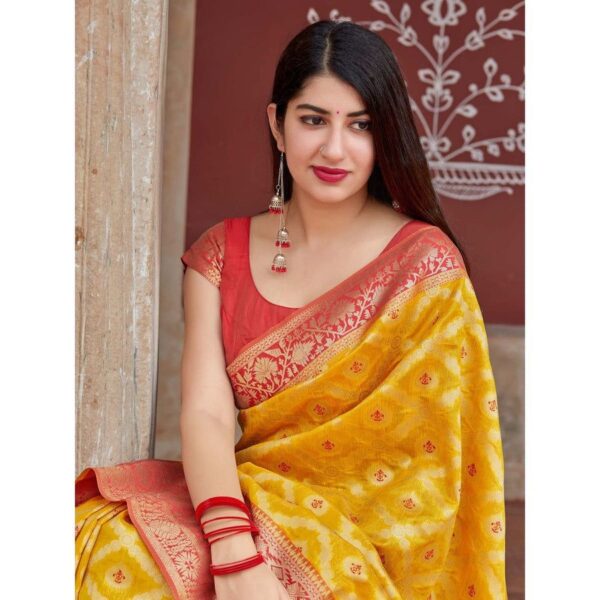 Radiant Yellow Banarasi Silk Saree with Red Zari Border – A Classic Blend of Tradition and Vibrance - Image 4