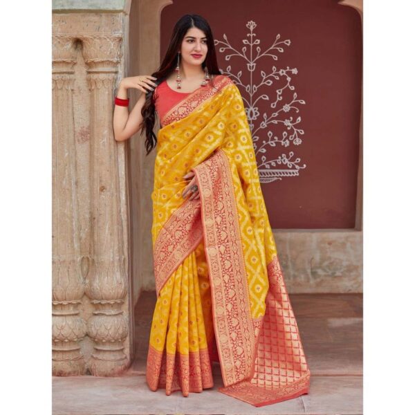 Radiant Yellow Banarasi Silk Saree with Red Zari Border – A Classic Blend of Tradition and Vibrance - Image 3