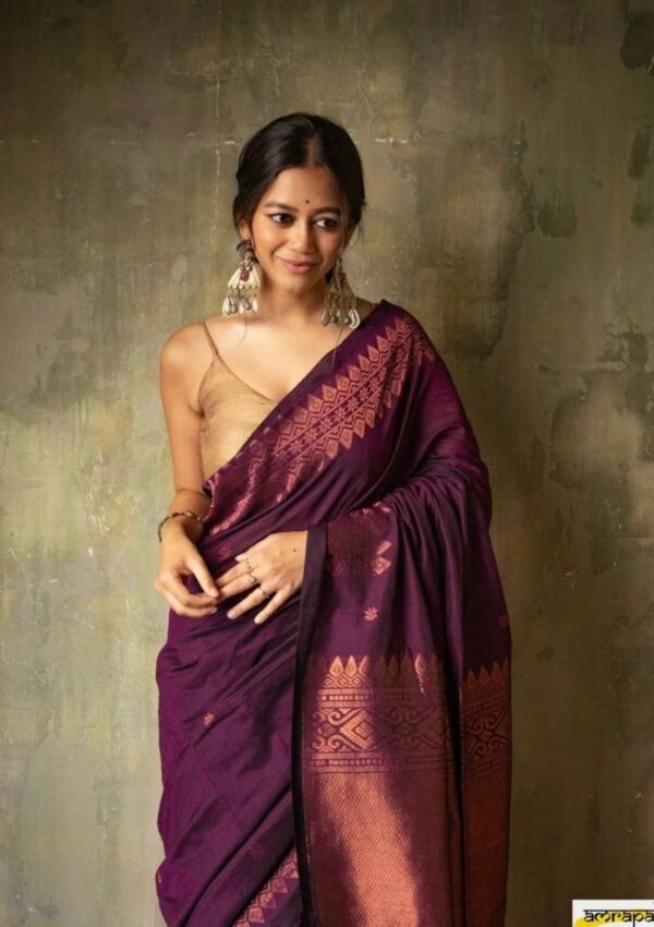 Mystic Wine Soft Lichi Silk Saree with Intricate Copper Zari Work – Timeless Elegance - Image 4