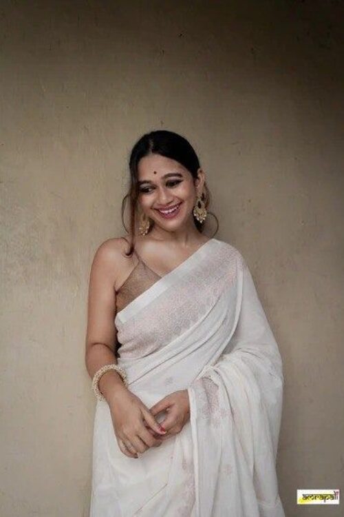 Mystic White Soft Lichi Silk Saree with Intricate Copper Zari Work – Timeless Elegance
