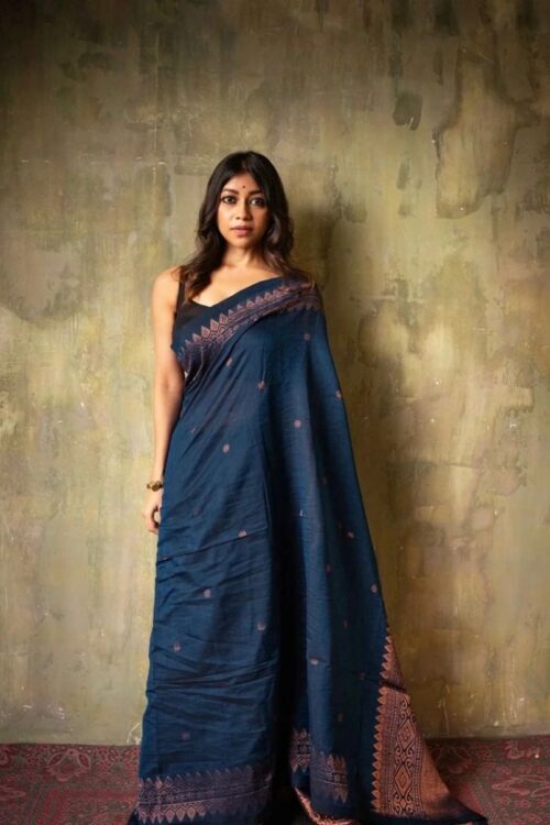 Mystic Navy Blue Soft Lichi Silk Saree with Intricate Copper Zari Work – Timeless Elegance