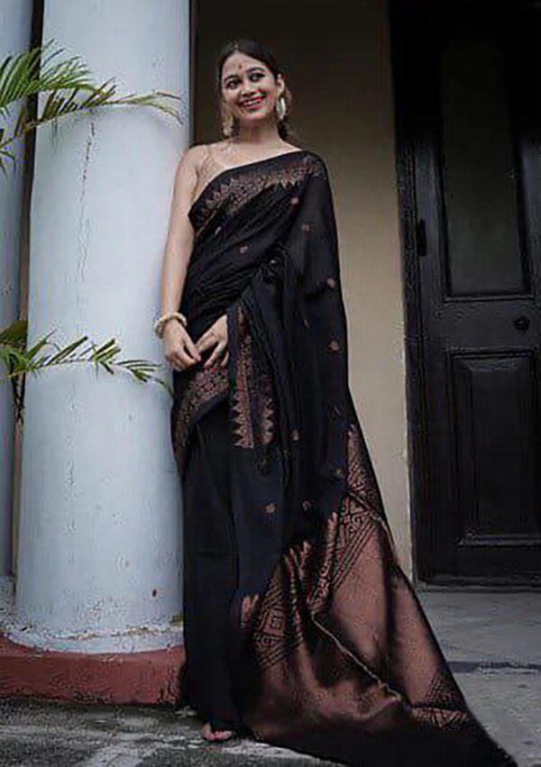 Mystic Black Soft Lichi Silk Saree with Intricate Copper Zari Work – Timeless Elegance