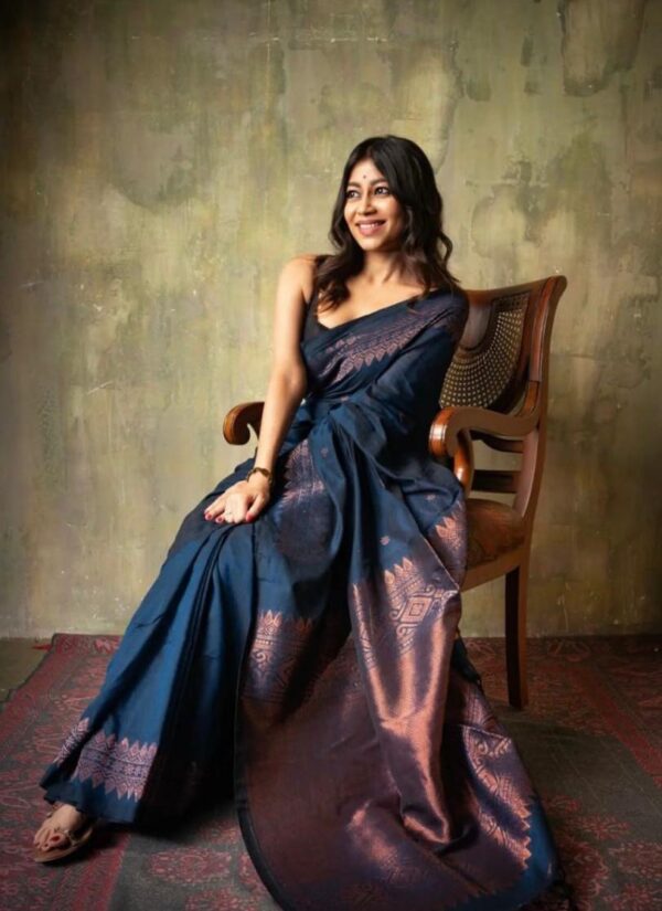 Mystic Navy Blue Soft Lichi Silk Saree with Intricate Copper Zari Work – Timeless Elegance - Image 3