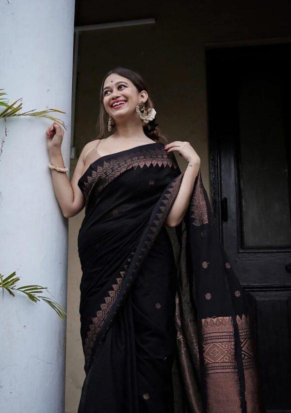 Mystic Black Soft Lichi Silk Saree with Intricate Copper Zari Work – Timeless Elegance - Image 5