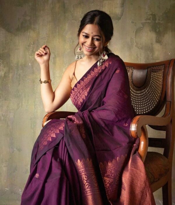Mystic Wine Soft Lichi Silk Saree with Intricate Copper Zari Work – Timeless Elegance - Image 3