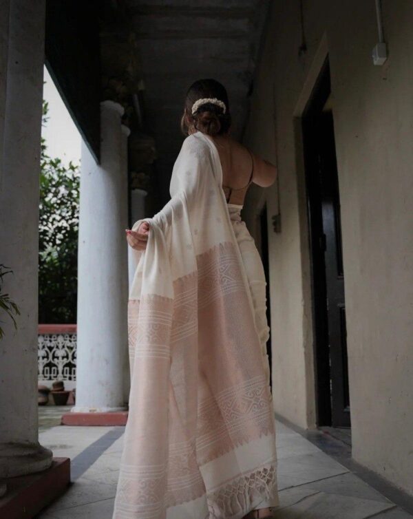 Mystic White Soft Lichi Silk Saree with Intricate Copper Zari Work – Timeless Elegance - Image 3