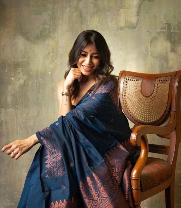 Mystic Navy Blue Soft Lichi Silk Saree with Intricate Copper Zari Work – Timeless Elegance - Image 4