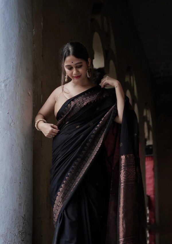 Mystic Black Soft Lichi Silk Saree with Intricate Copper Zari Work – Timeless Elegance - Image 4