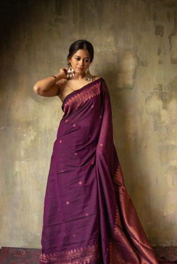 Mystic Wine Soft Lichi Silk Saree with Intricate Copper Zari Work – Timeless Elegance - Image 5