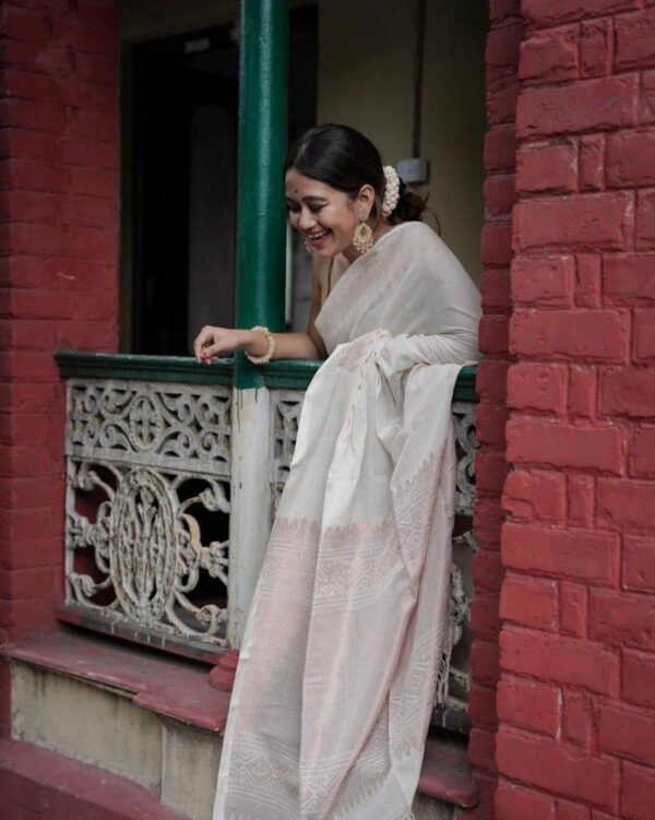 Mystic White Soft Lichi Silk Saree with Intricate Copper Zari Work – Timeless Elegance - Image 4