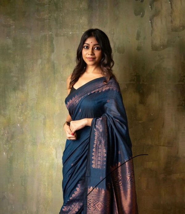 Mystic Navy Blue Soft Lichi Silk Saree with Intricate Copper Zari Work – Timeless Elegance - Image 5