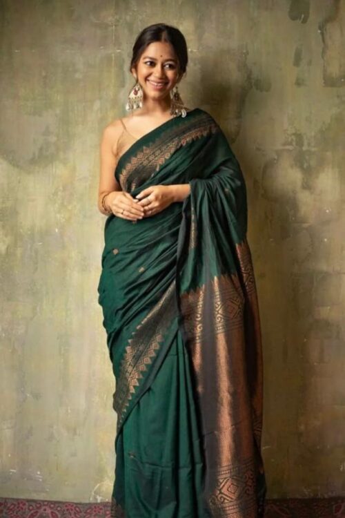 Mystic Bottle Green Soft Lichi Silk Saree with Intricate Copper Zari Work – Timeless Elegance