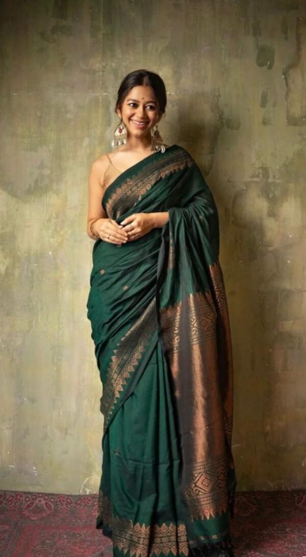 Mystic Bottle Green Soft Lichi Silk Saree with Intricate Copper Zari Work – Timeless Elegance