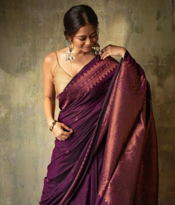Mystic Wine Soft Lichi Silk Saree with Intricate Copper Zari Work – Timeless Elegance - Image 6