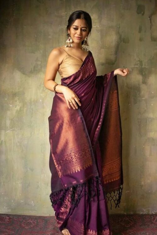 Mystic Wine Soft Lichi Silk Saree with Intricate Copper Zari Work – Timeless Elegance