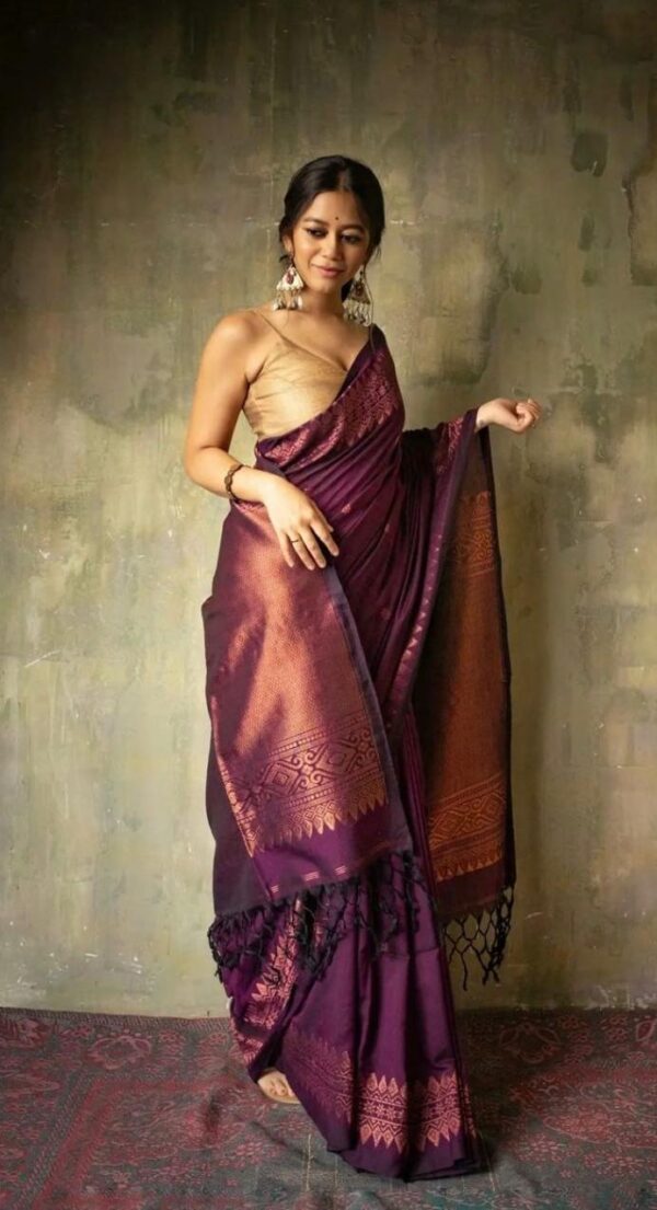 Mystic Wine Soft Lichi Silk Saree with Intricate Copper Zari Work – Timeless Elegance