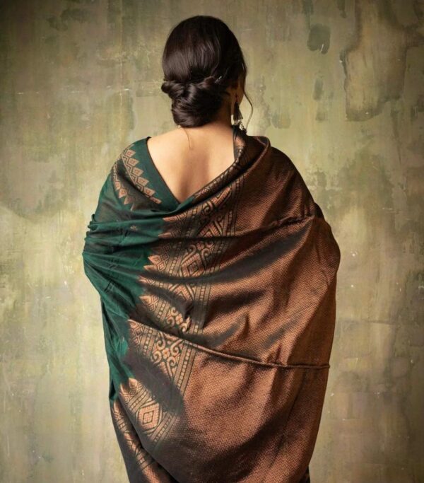 Mystic Bottle Green Soft Lichi Silk Saree with Intricate Copper Zari Work – Timeless Elegance - Image 3