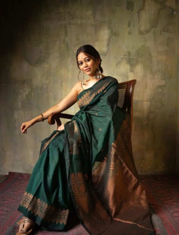 Mystic Bottle Green Soft Lichi Silk Saree with Intricate Copper Zari Work – Timeless Elegance - Image 5