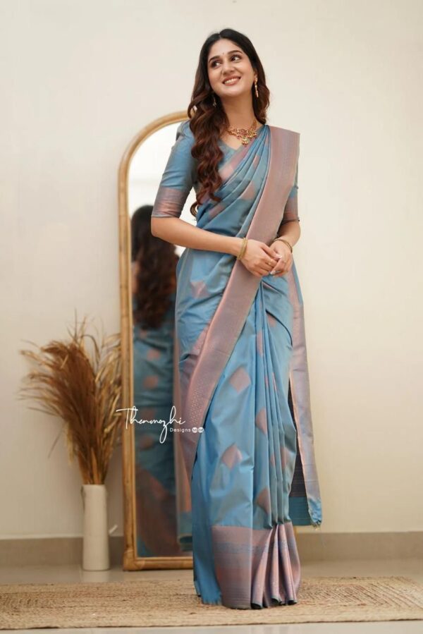 Elegant Steel Blue Soft Lichi Silk Saree with Subtle Woven Motifs and Matching Blouse – Perfect for Graceful Occasions - Image 4