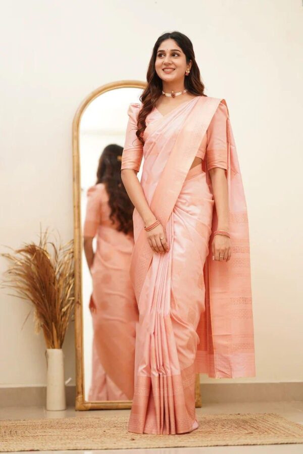 Elegant Soft Peach Soft Lichi Silk Saree with Subtle Woven Motifs and Matching Blouse – Perfect for Graceful Occasions