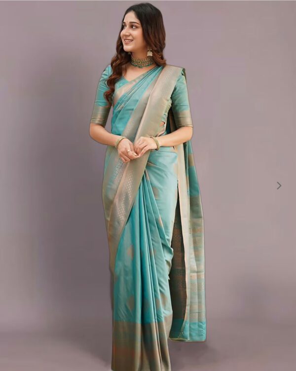 Elegant Teal Blue Soft Lichi Silk Saree with Subtle Woven Motifs and Matching Blouse – Perfect for Graceful Occasions - Image 3