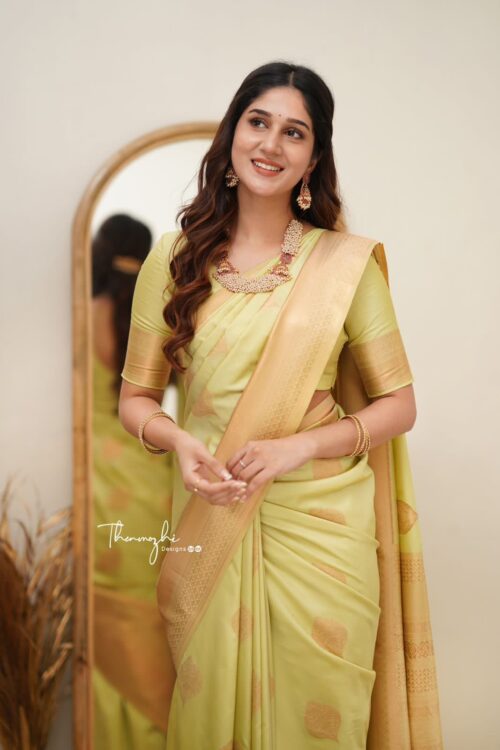 Elegant Lime Green Soft Lichi Silk Saree with Subtle Woven Motifs and Matching Blouse – Perfect for Graceful Occasions