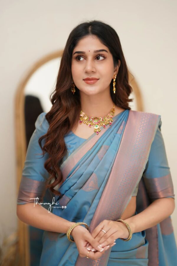 Elegant Steel Blue Soft Lichi Silk Saree with Subtle Woven Motifs and Matching Blouse – Perfect for Graceful Occasions - Image 3
