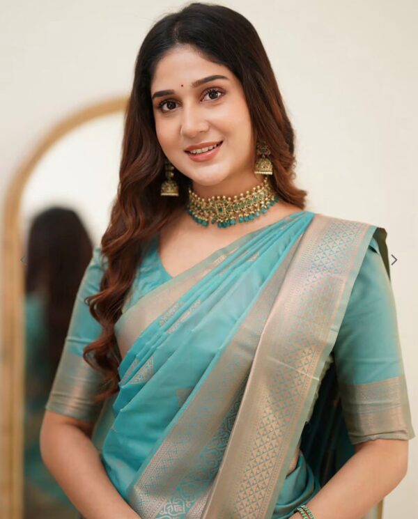 Elegant Teal Blue Soft Lichi Silk Saree with Subtle Woven Motifs and Matching Blouse – Perfect for Graceful Occasions - Image 5