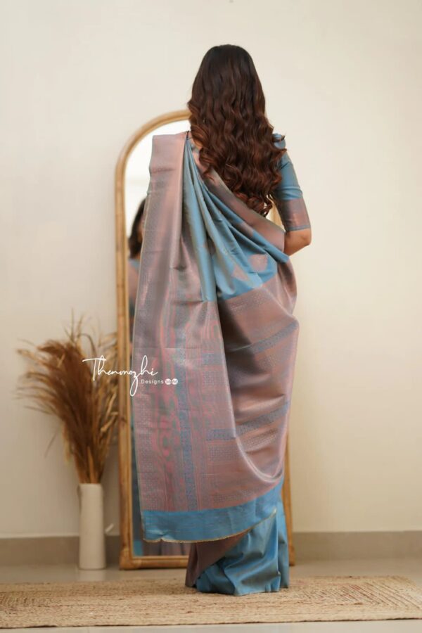 Elegant Steel Blue Soft Lichi Silk Saree with Subtle Woven Motifs and Matching Blouse – Perfect for Graceful Occasions - Image 2