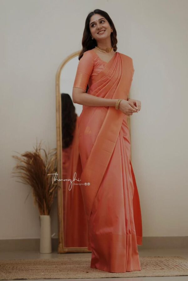 Elegant Soft Orange Soft Lichi Silk Saree with Subtle Woven Motifs and Matching Blouse – Perfect for Graceful Occasions - Image 4
