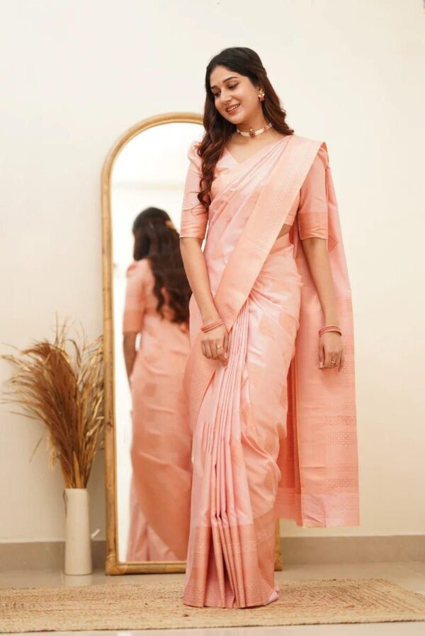 Elegant Soft Peach Soft Lichi Silk Saree with Subtle Woven Motifs and Matching Blouse – Perfect for Graceful Occasions - Image 3