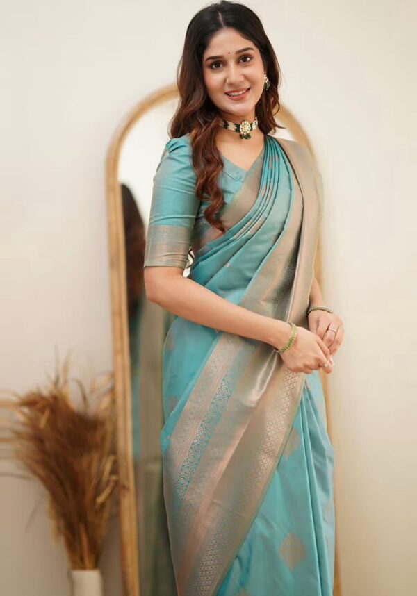 Elegant Teal Blue Soft Lichi Silk Saree with Subtle Woven Motifs and Matching Blouse – Perfect for Graceful Occasions - Image 4