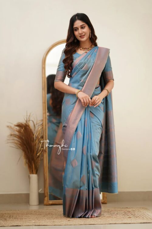 Elegant Steel Blue Soft Lichi Silk Saree with Subtle Woven Motifs and Matching Blouse – Perfect for Graceful Occasions