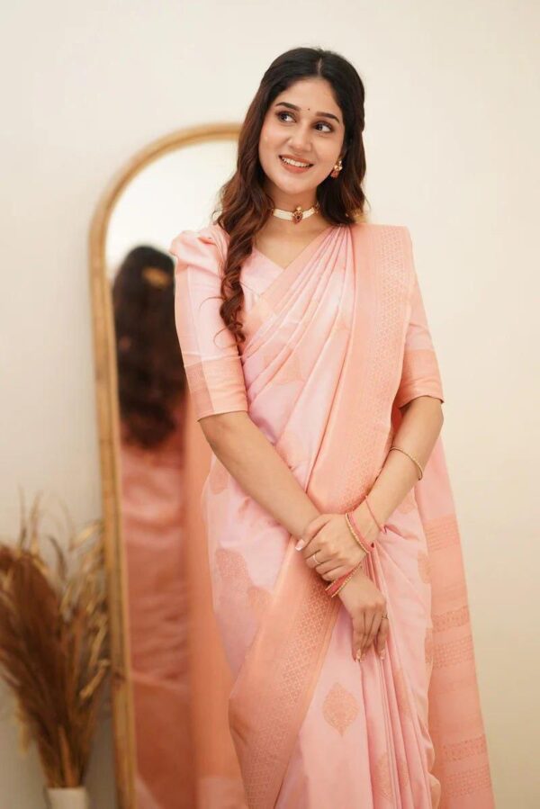 Elegant Soft Peach Soft Lichi Silk Saree with Subtle Woven Motifs and Matching Blouse – Perfect for Graceful Occasions - Image 5