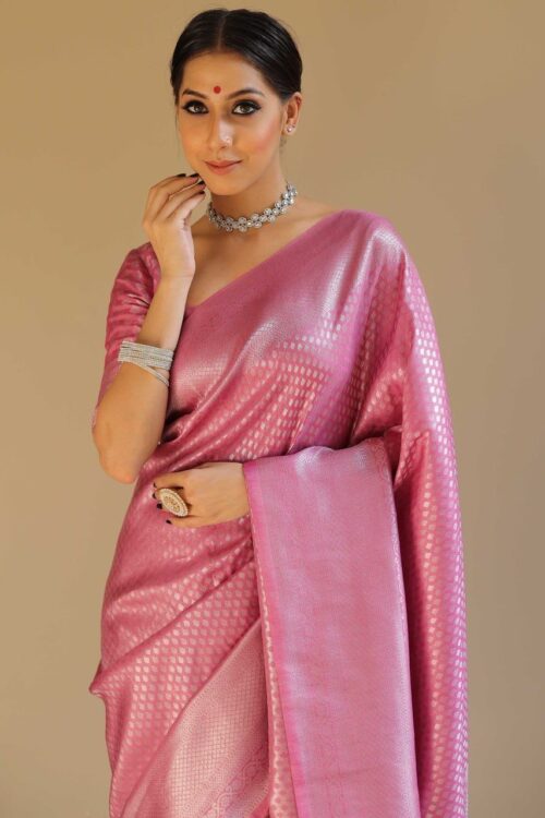 Elegant Pink Banarasi Silk Saree with Intricate Zari Weaving – Perfect for Festive & Wedding Wear