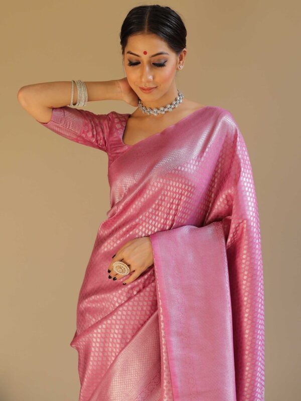 Elegant Pink Banarasi Silk Saree with Intricate Zari Weaving – Perfect for Festive & Wedding Wear - Image 3