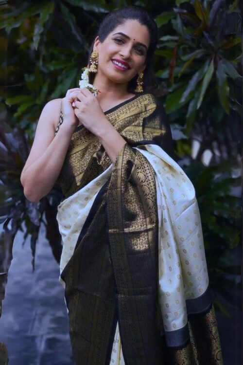 Black And Off-white Soft Lichi Silk Golden Zari Work Regular Wear Saree