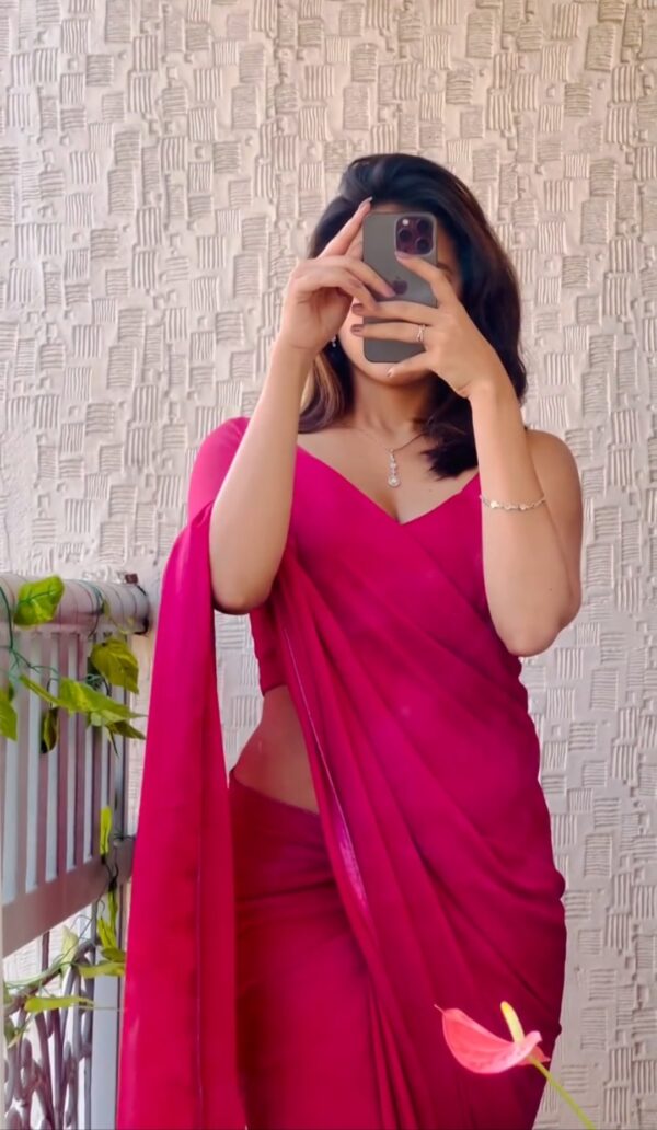 Pink Plain Elegant Design Georgette Ready To Wear Saree With Unstitched Blouse - Image 5
