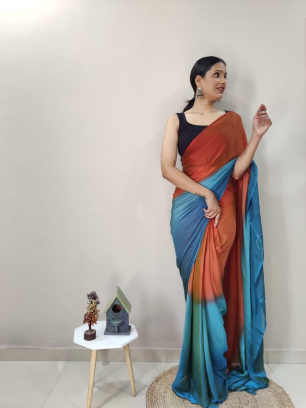 Rust Orange, Teal Blue, And Olive Green Shades Chiffon Viscose ombre design Ready To Wear Saree With Unstitched Blouse - Image 4