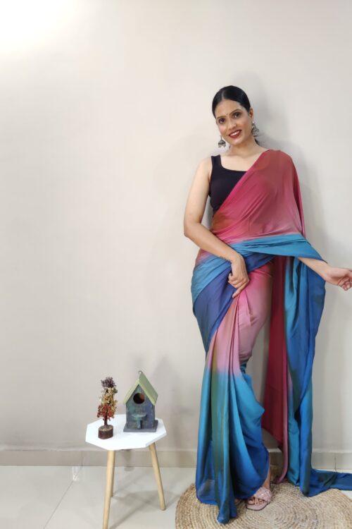 Pink, Teal, And Electric Blue Tones Chiffon Viscose ombre design Ready To Wear Saree With Unstitched Blouse
