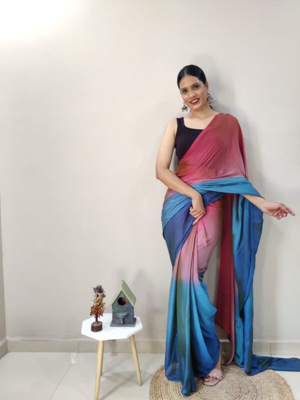 Pink, Teal, And Electric Blue Tones Chiffon Viscose ombre design Ready To Wear Saree With Unstitched Blouse