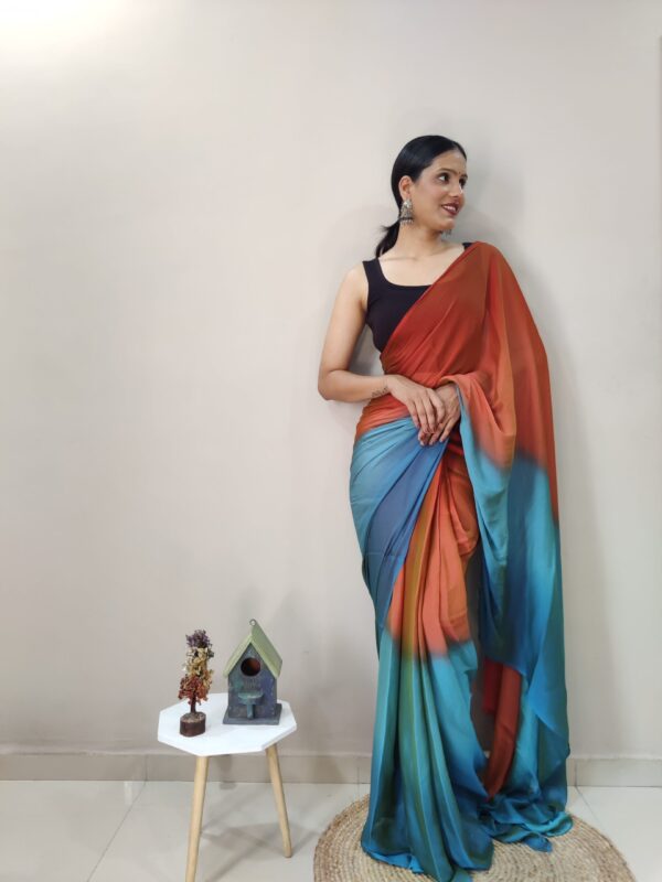 Rust Orange, Teal Blue, And Olive Green Shades Chiffon Viscose ombre design Ready To Wear Saree With Unstitched Blouse - Image 6