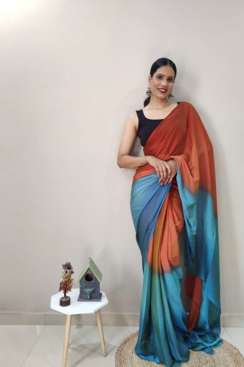 Rust Orange, Teal Blue, And Olive Green Shades Chiffon Viscose ombre design Ready To Wear Saree With Unstitched Blouse
