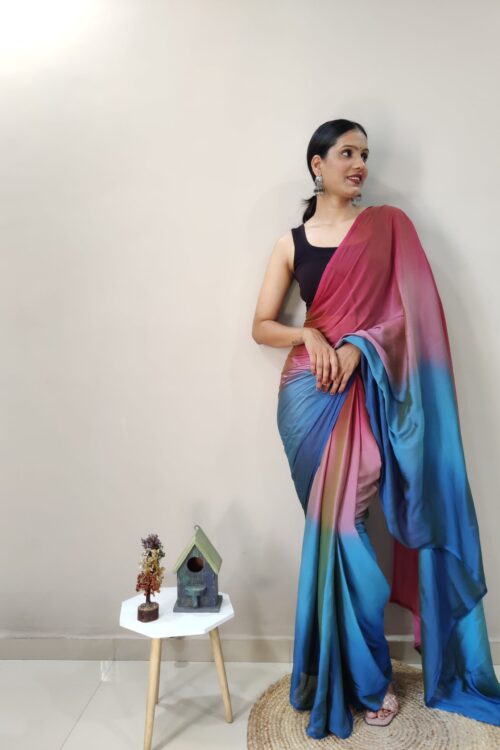 Wine Pink, Olive Green, And Royal Blue Chiffon Viscose ombre design Ready To Wear Saree With Unstitched Blouse