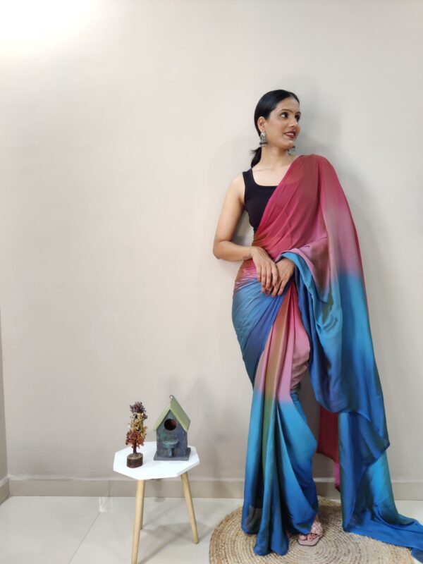Wine Pink, Olive Green, And Royal Blue Chiffon Viscose ombre design Ready To Wear Saree With Unstitched Blouse