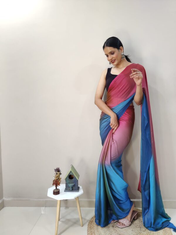 Wine Pink, Olive Green, And Royal Blue Chiffon Viscose ombre design Ready To Wear Saree With Unstitched Blouse - Image 2