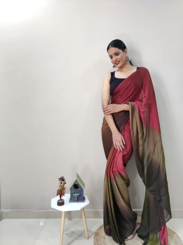 Maroon, Olive Green, And Brown Tones Chiffon Viscose ombre design Ready To Wear Saree With Unstitched Blouse - Image 2