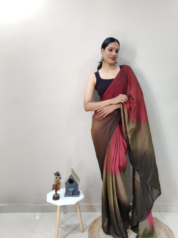 Maroon, Olive Green, And Brown Tones Chiffon Viscose ombre design Ready To Wear Saree With Unstitched Blouse - Image 3