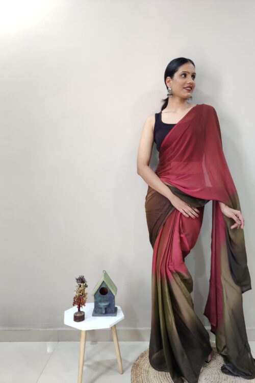Maroon, Olive Green, And Brown Tones Chiffon Viscose ombre design Ready To Wear Saree With Unstitched Blouse